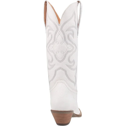 A heel view of a white smooth leather women's Dingo boot with a snip toe and a western heel.