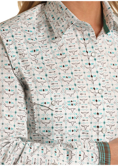 Women's Panhandle Western Wear RSWSOSRYT6 Stretch White All-over Print Snap Long Sleeve Shirt