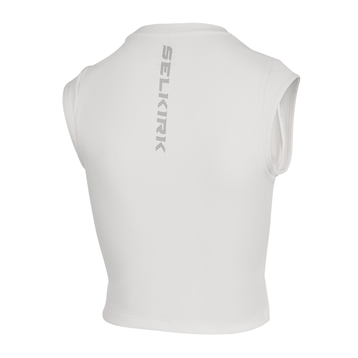 Selkirk pickleball women's sleeveless tshirt in white, blue, and black.