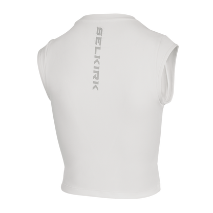 Selkirk pickleball women's sleeveless tshirt in white, blue, and black.