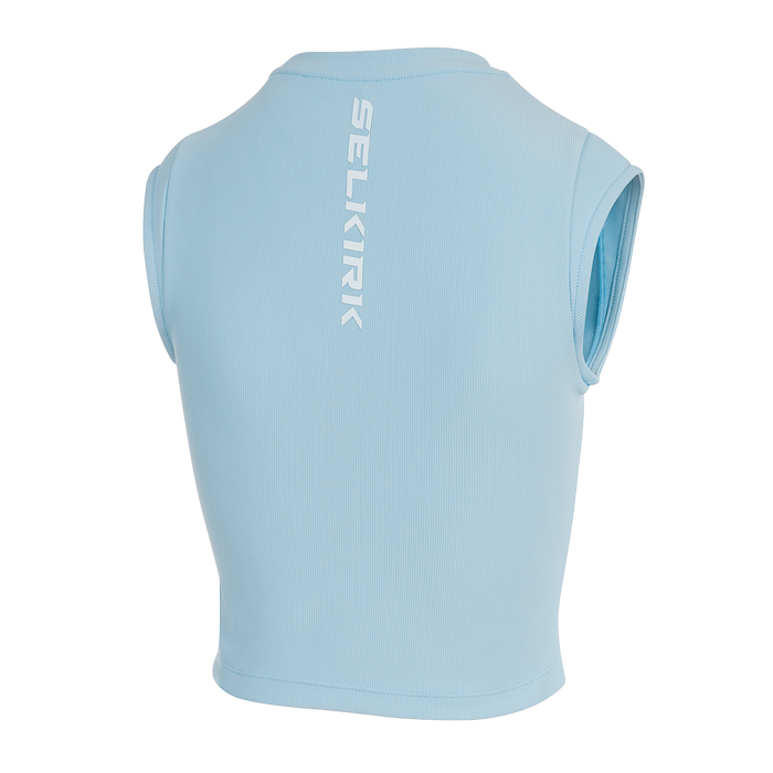 Selkirk pickleball women's sleeveless tshirt in white, blue, and black.