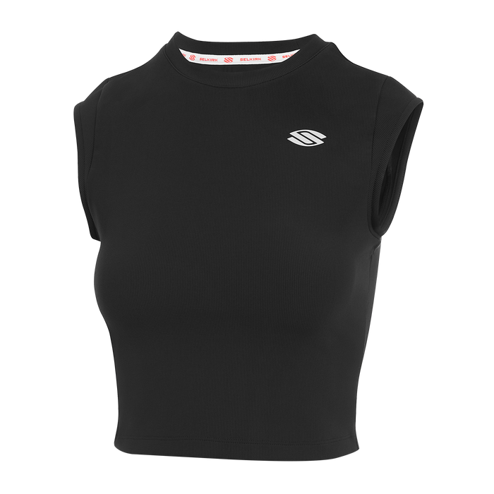 Selkirk pickleball Black Women's Pro Line Cap Sleeve Fitted Tee, featuring cap sleeves and a fitted design.