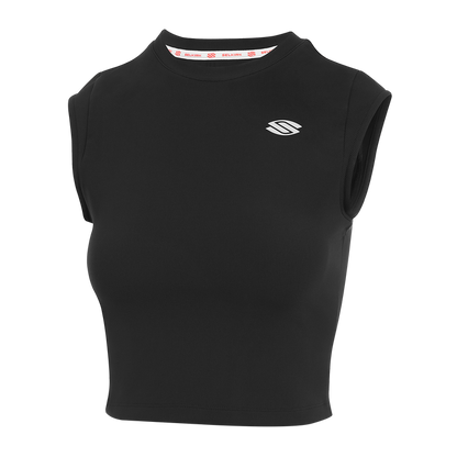 Selkirk pickleball Black Women's Pro Line Cap Sleeve Fitted Tee, featuring cap sleeves and a fitted design.