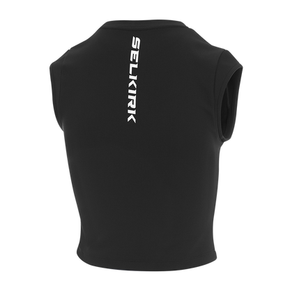 Selkirk pickleball women's sleeveless tshirt in white, blue, and black.