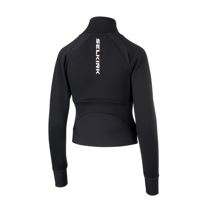 Selkirk pickleball women's cropped jacket in black, white, and blue.