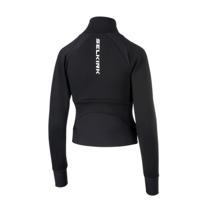 Selkirk pickleball women's cropped jacket in black, white, and blue.