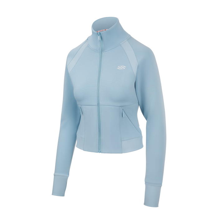 Light blue cropped jacket with full zip and long sleeves