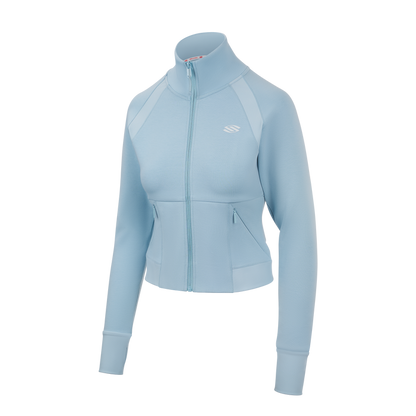 Light blue cropped jacket with full zip and long sleeves