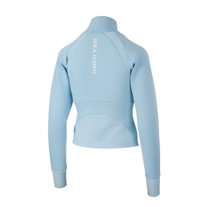 Selkirk pickleball women's cropped jacket in black, white, and blue.