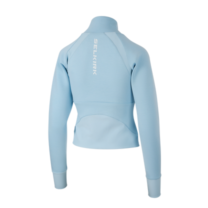 Selkirk pickleball women's cropped jacket in black, white, and blue.