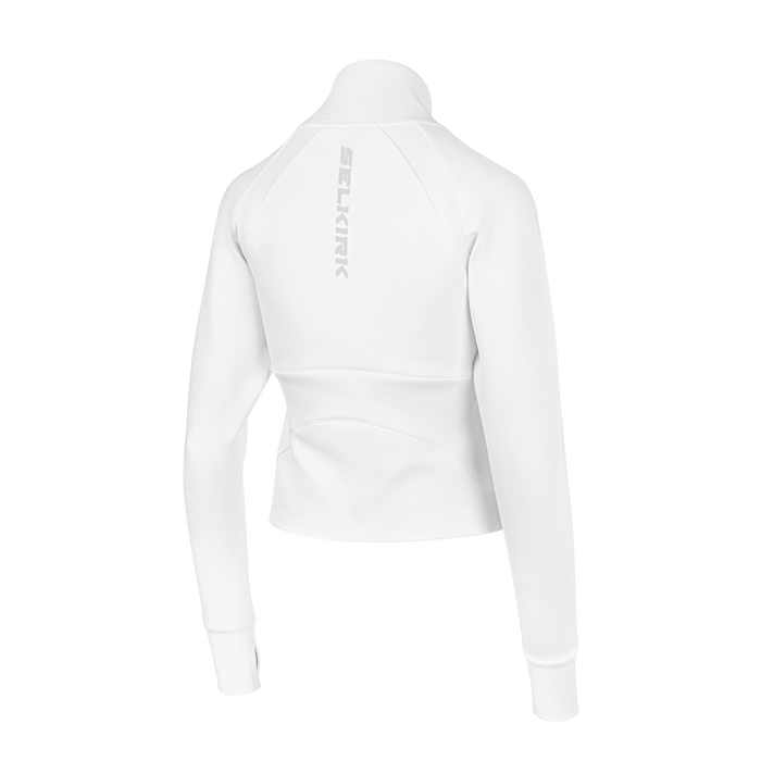 Selkirk pickleball women's cropped jacket in black, white, and blue.
