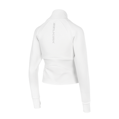 Selkirk pickleball women's cropped jacket in black, white, and blue.