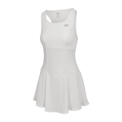 White women's dress with a flared skirt and racerback design.