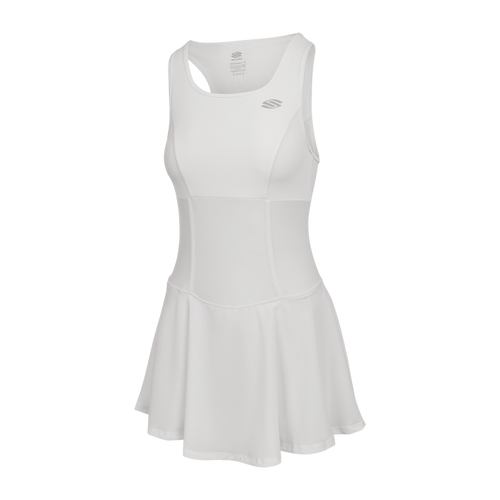 White women's dress with a flared skirt and racerback design.