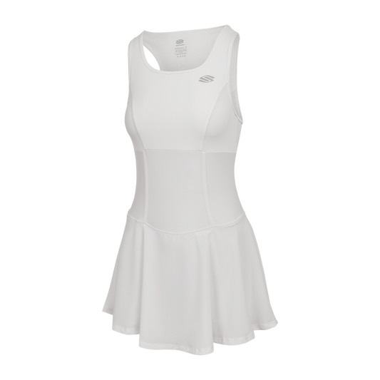 White women's dress with a flared skirt and racerback design.
