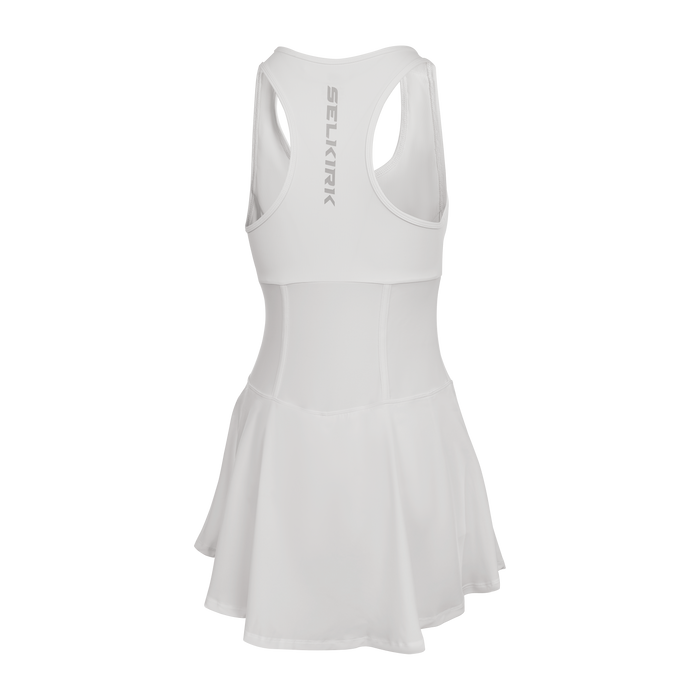 Selkirk pickleball women's dress in white, blue, and black.