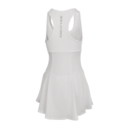 Selkirk pickleball women's dress in white, blue, and black.