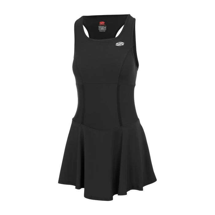 Black Women's Pro Line Pickleball Dress with flared skirt and built-in shorts