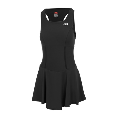 Black Women's Pro Line Pickleball Dress with flared skirt and built-in shorts