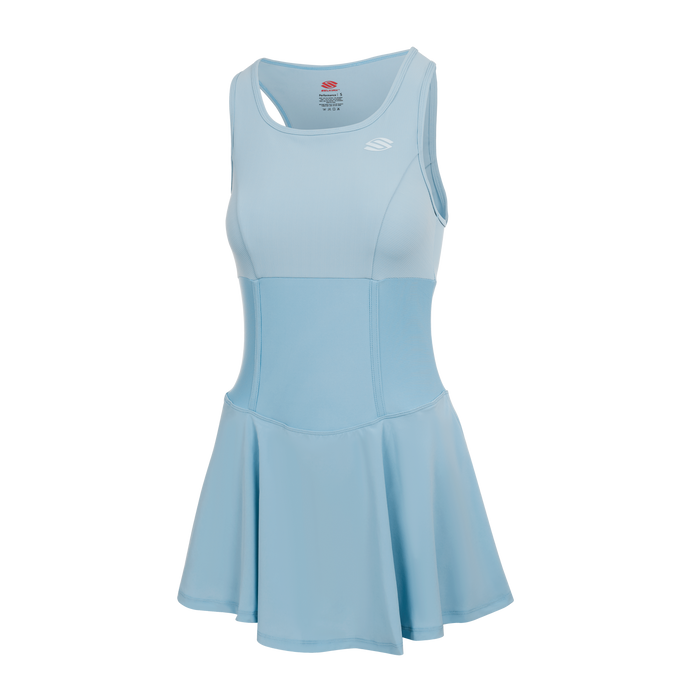 Light blue athletic dress with flared skirt and built-in shorts for pickleball