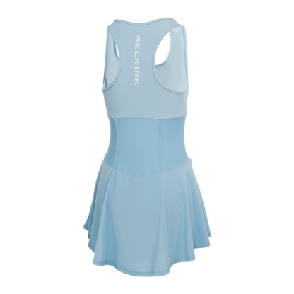 Selkirk pickleball women's dress in white, blue, and black.