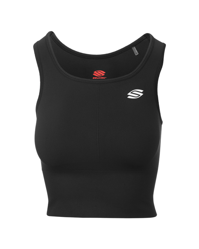 Black cropped athletic tank top with white stylized S logo on left chest and red SELKIRK label at neckline.
