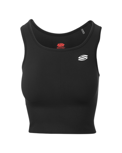 Black cropped athletic tank top with white stylized S logo on left chest and red SELKIRK label at neckline.