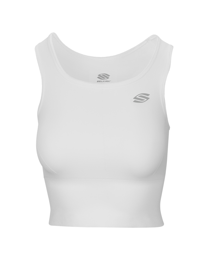Front view of Women’s Pro Line Seamless Fitted Tank Top showing white cropped fit, scoop neckline, and SELKIRK logos