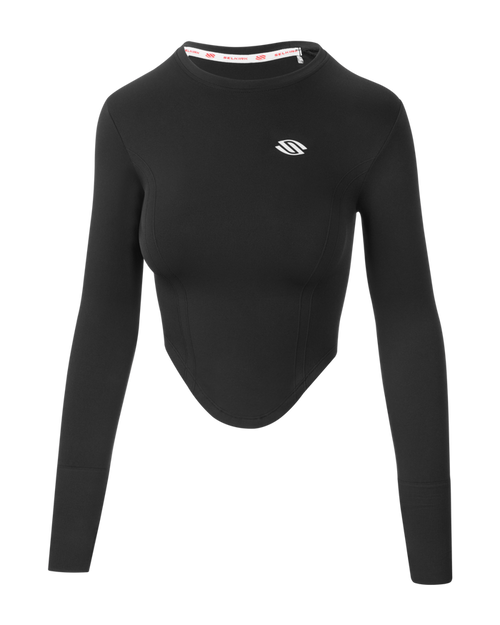 Black long sleeve seamless top with cropped style and logo