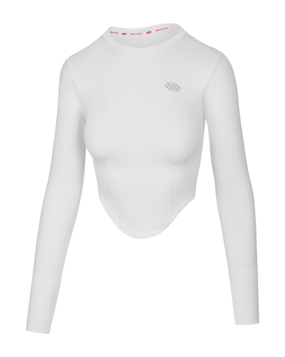 Women's white long-sleeve cropped athletic top with small Selkirk logo on chest and SELKIRK printed inside collar.