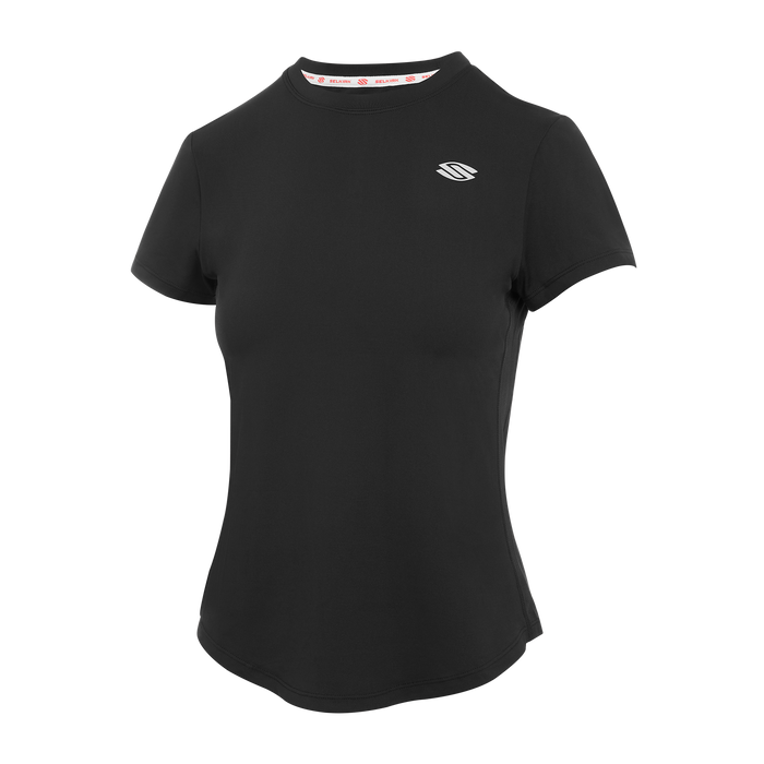 Black women's training t-shirt with a round neck and short sleeves.