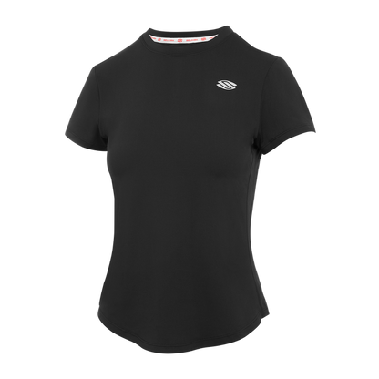 Black women's training t-shirt with a round neck and short sleeves.