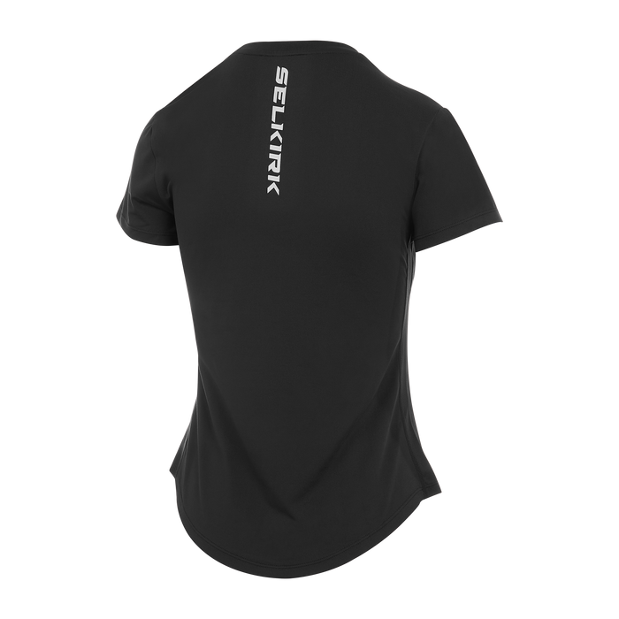 Selkirk pickleball women's training tshirt in black, white, and blue.