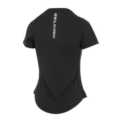 Selkirk pickleball women's training tshirt in black, white, and blue.