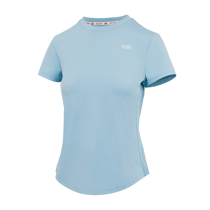 Selkirk pickleball Light blue short sleeve training tee with a round neckline and logo on the chest