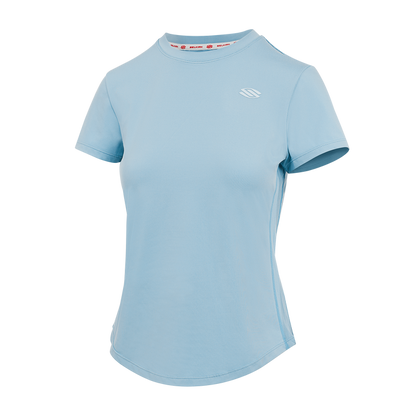 Selkirk pickleball Light blue short sleeve training tee with a round neckline and logo on the chest