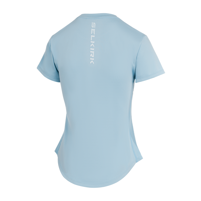 Selkirk pickleball women's training tshirt in black, white, and blue.