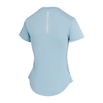 Selkirk pickleball women's training tshirt in black, white, and blue.
