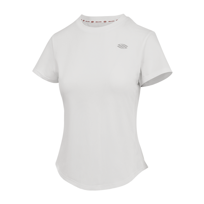 White short sleeve training tee with logo, designed for women