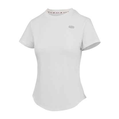 White short sleeve training tee with logo, designed for women