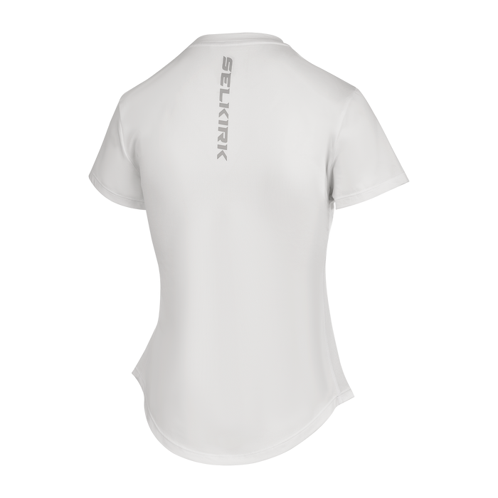 Selkirk pickleball women's training tshirt in black, white, and blue.
