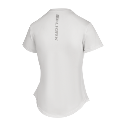 Selkirk pickleball women's training tshirt in black, white, and blue.