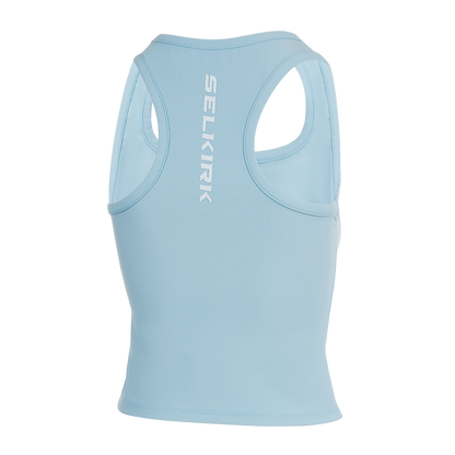 Selkirk pickleball women's tank top in blue, green, and white.