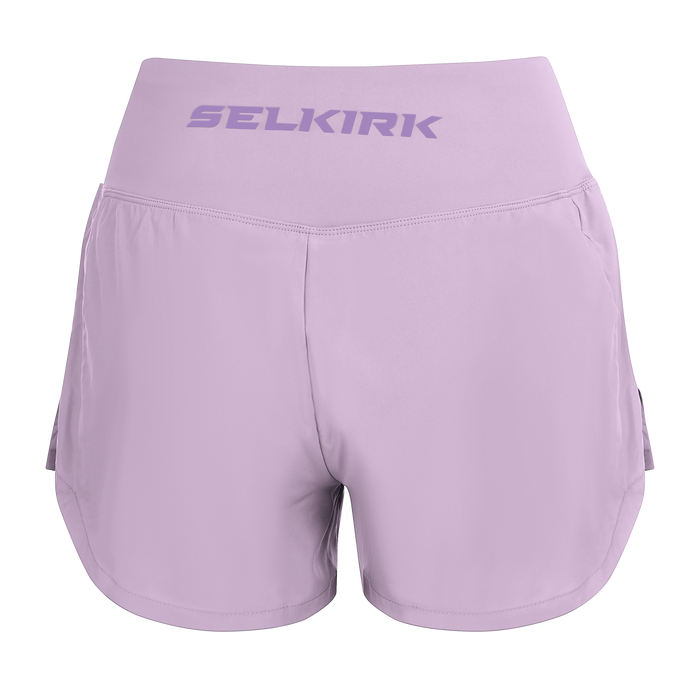 Selkirk pickleball women's shorts in purple, blue, black, and white.