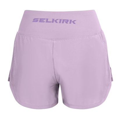 Selkirk pickleball women's shorts in purple, blue, black, and white.