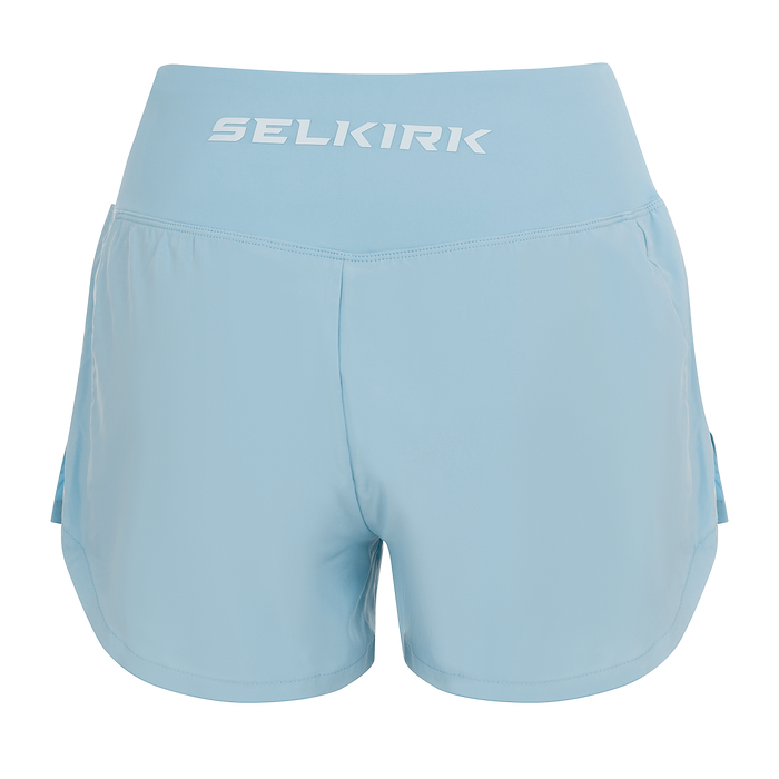 Selkirk pickleball women's shorts in purple, blue, black, and white.