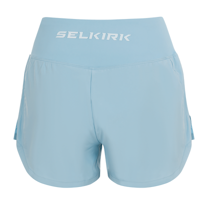 Selkirk pickleball women's shorts in purple, blue, black, and white.