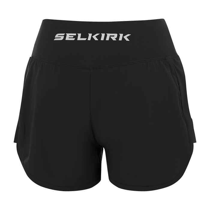 Selkirk pickleball women's shorts in purple, blue, black, and white.