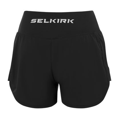 Selkirk pickleball women's shorts in purple, blue, black, and white.