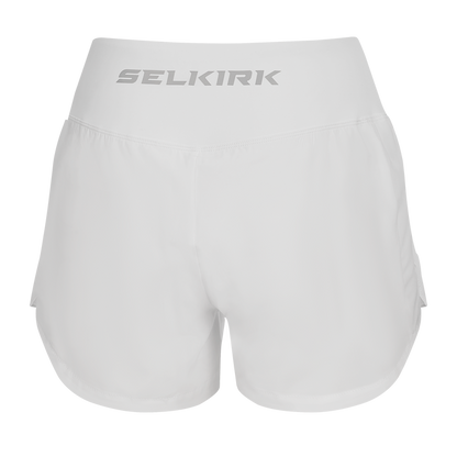 Selkirk pickleball women's shorts in purple, blue, black, and white.